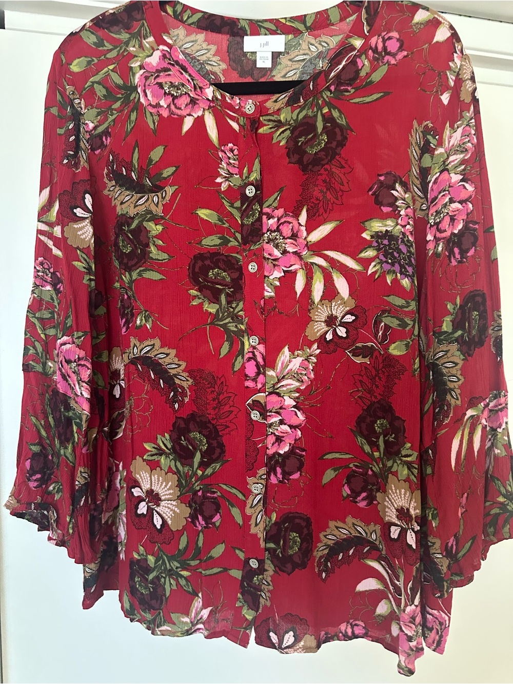 J. Jill Red Floral Button-Front Blouse